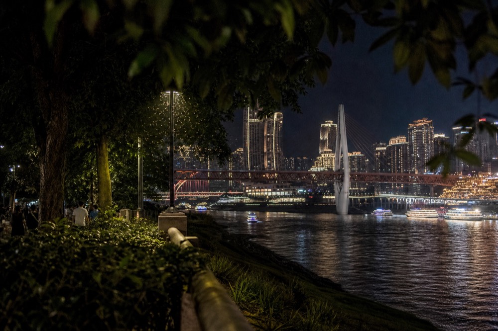 Night view of a brightly lit suspension bridge and towers above a river, seen from a park path