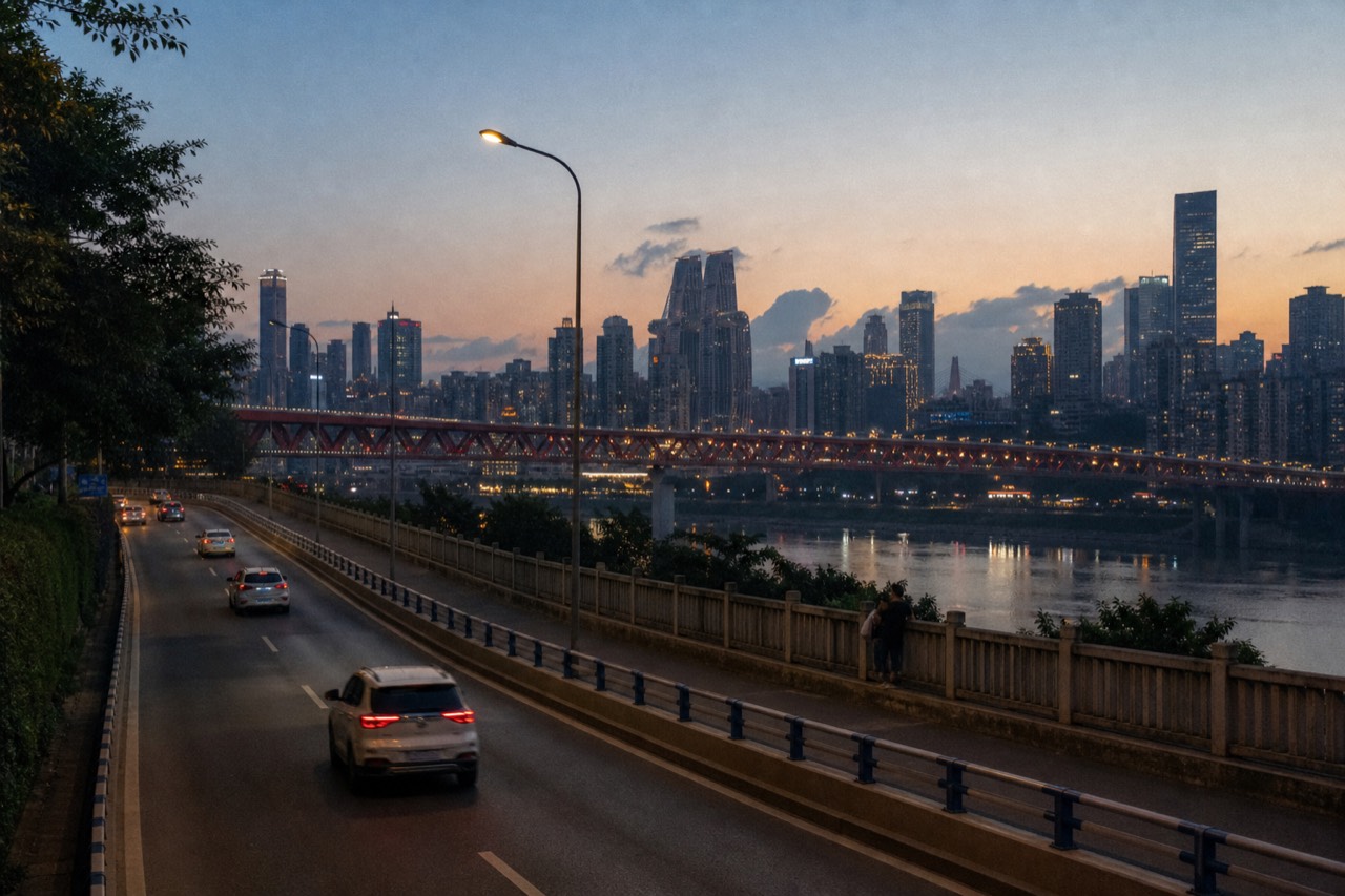 Layered city skyline of Chongqing at dusk with bridges crossing a river between illuminated high-rise towers