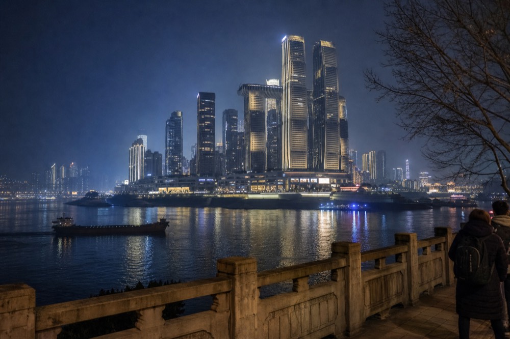 Night city skyline with densely lit high-rise towers above a dark river