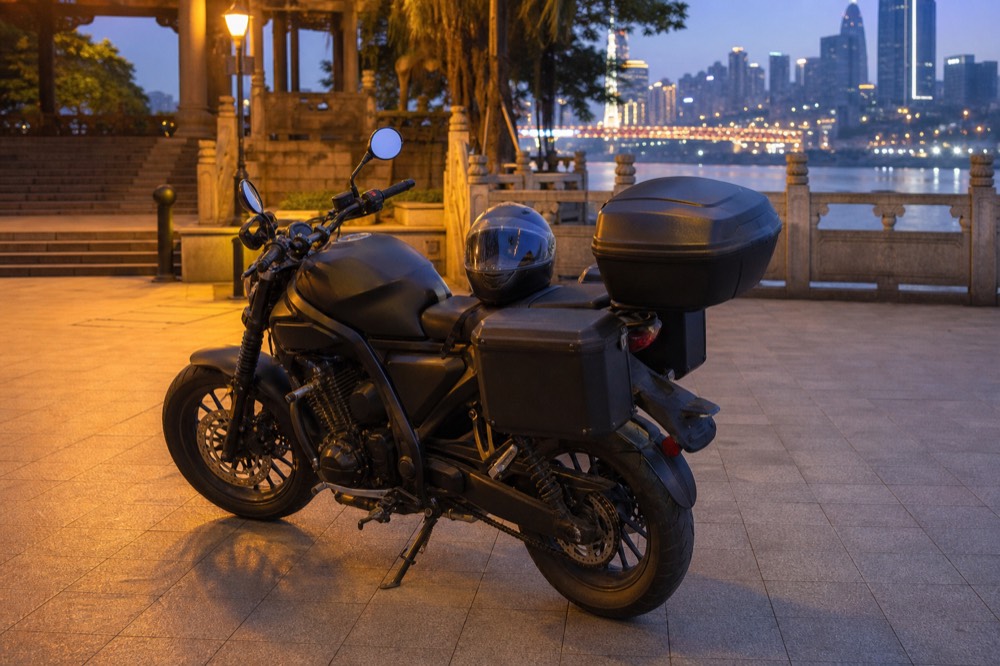 A full-face crash helmet resting on the seat of a parked motorcycle on the stone paving at Nanbin Bell Tower Plaza in the evening