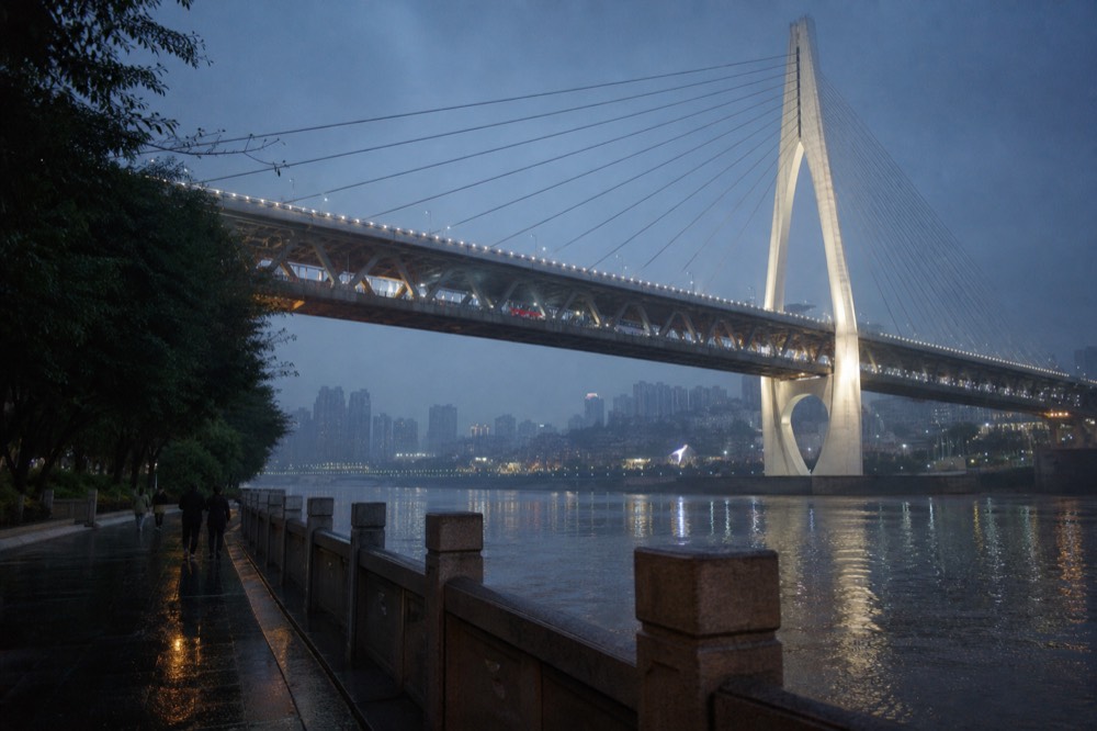 A cable-stay bridge over a river with its illumination reflected in dark water under a twilight sky